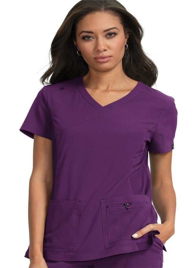 KOI Basics Katie Women's 4-Pocket Mock-Wrap Scrub Top Eggplant Large - Image 1